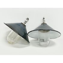A pair of vintage industrial bulkhead ceiling lights with enamel shades. 27x26cm