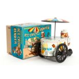 YONE Eiswagen ”ICE CREAM VENDER”, Japan, Blech, Uhrwerk intakt, mit Schirm, min. LS, L 13, OK, Z 2