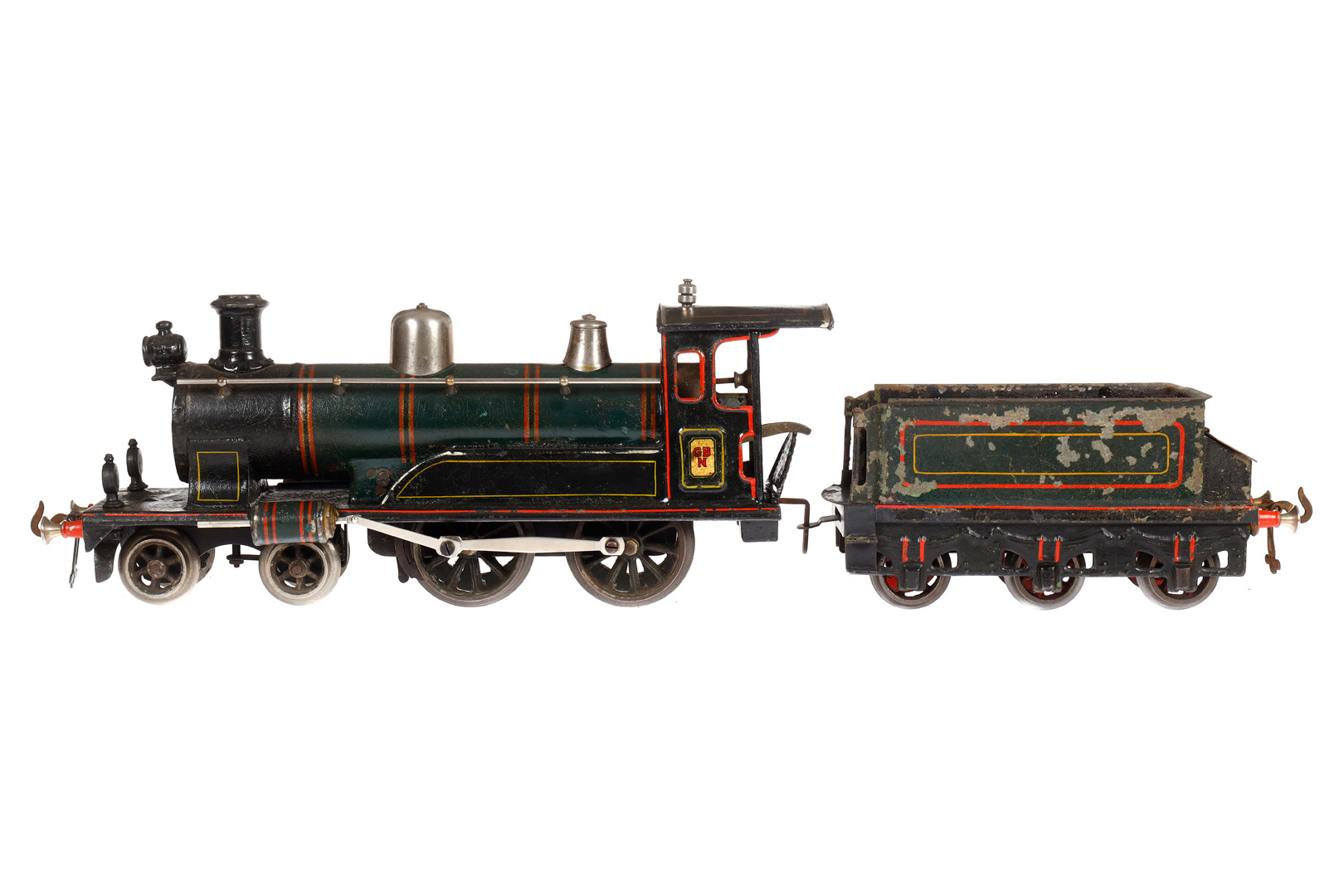 Bing 2-B Dampflok 7138, Spur 1, uralt, Uhrwerk intakt, grün/schwarz, mit Tender und 3 imit.