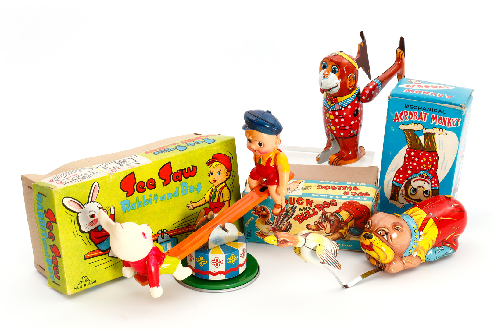 3 Teile Japan Spielzeug, ”See Saw Rabbit and Boy”, Yanoman ”Acrobat Monkey” und ”Duck and Bull Dog”,