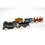 Hovoro Spiel-Eisenbahn, Metall, HL, mit Lok, Tender und 3 Wagen, ohne Antrieb, Alterungsspuren,