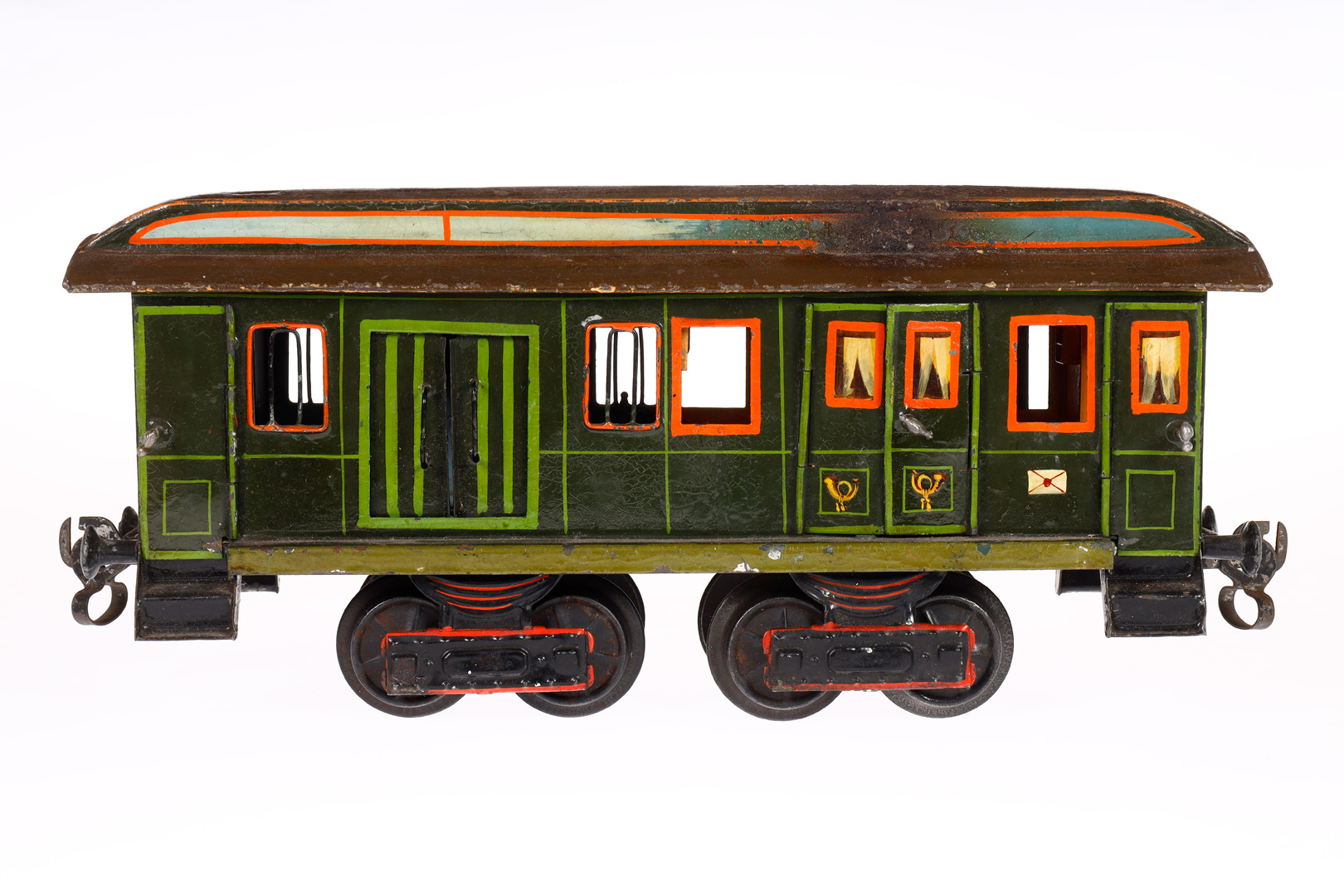 Märklin Post/Gepäckwagen 1844, Spur 1, uralt, HL, mit Inneneinrichtung, 4 AT, 4 ST, 2 DT und