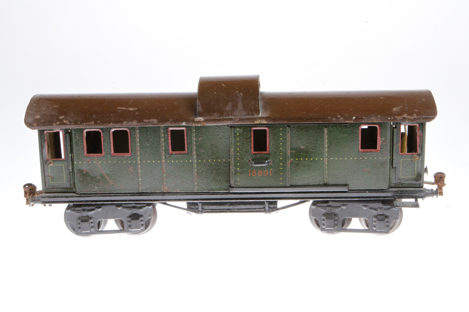 Märklin Gepäckwagen 1889, Spur 1, CL, mit 4 AT und 2 ST, 3 Treppen fehlen, Kupplungen besch., L 33,