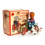 BARAVELLI ”Bambino in Bicicletta con Cane”, Blech,Uhrwerk intakt, Alterungsspuren, L 14, im leicht