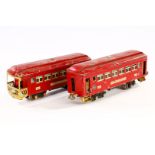 2 Lionel Wagen 605 und 606, Spur 0, rot, LS, L 25,5, Z 3