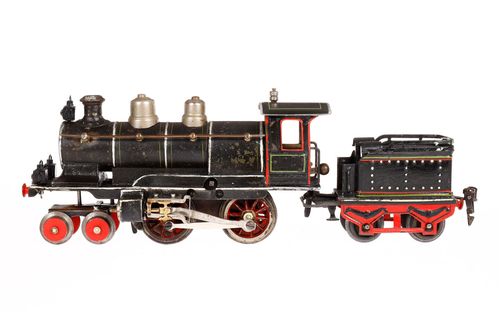 Märklin 2-B Dampflok E 1020, mit 2A-Tender, Spur 0, HL, Uhrwerk hakt, Galeriestangen, 3 imit.