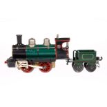 Märklin B-Dampflok, Spur 0, uralt, Uhrwerk intakt, mit Nachbau-Tender, Bremse und v+r, rest. und