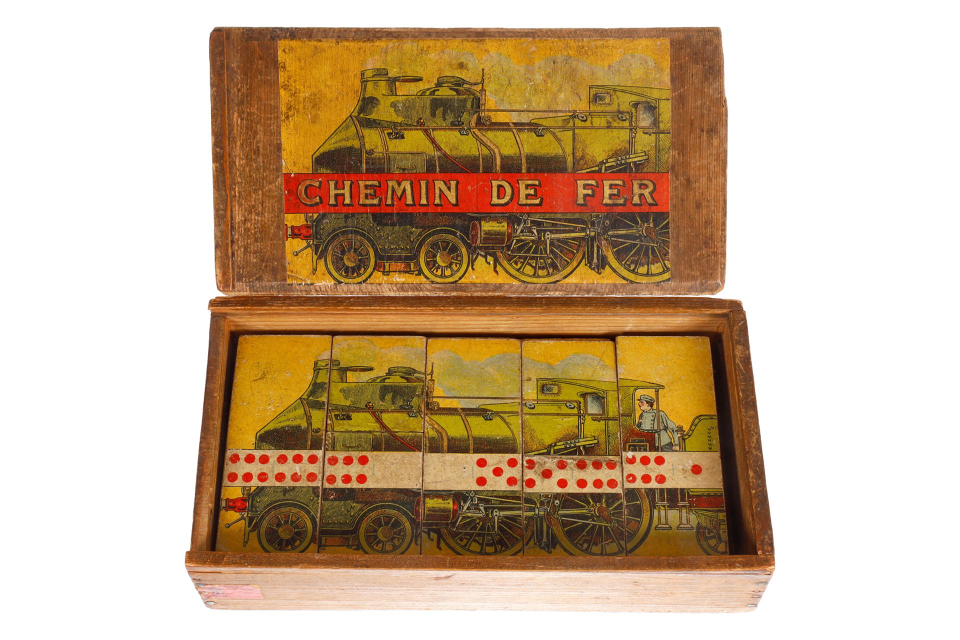 TR Domino-Spiel, Paris ”Chemin De Fer”, mit Abbildung eines Coupé-Vent-Zuges, uralt, in altem