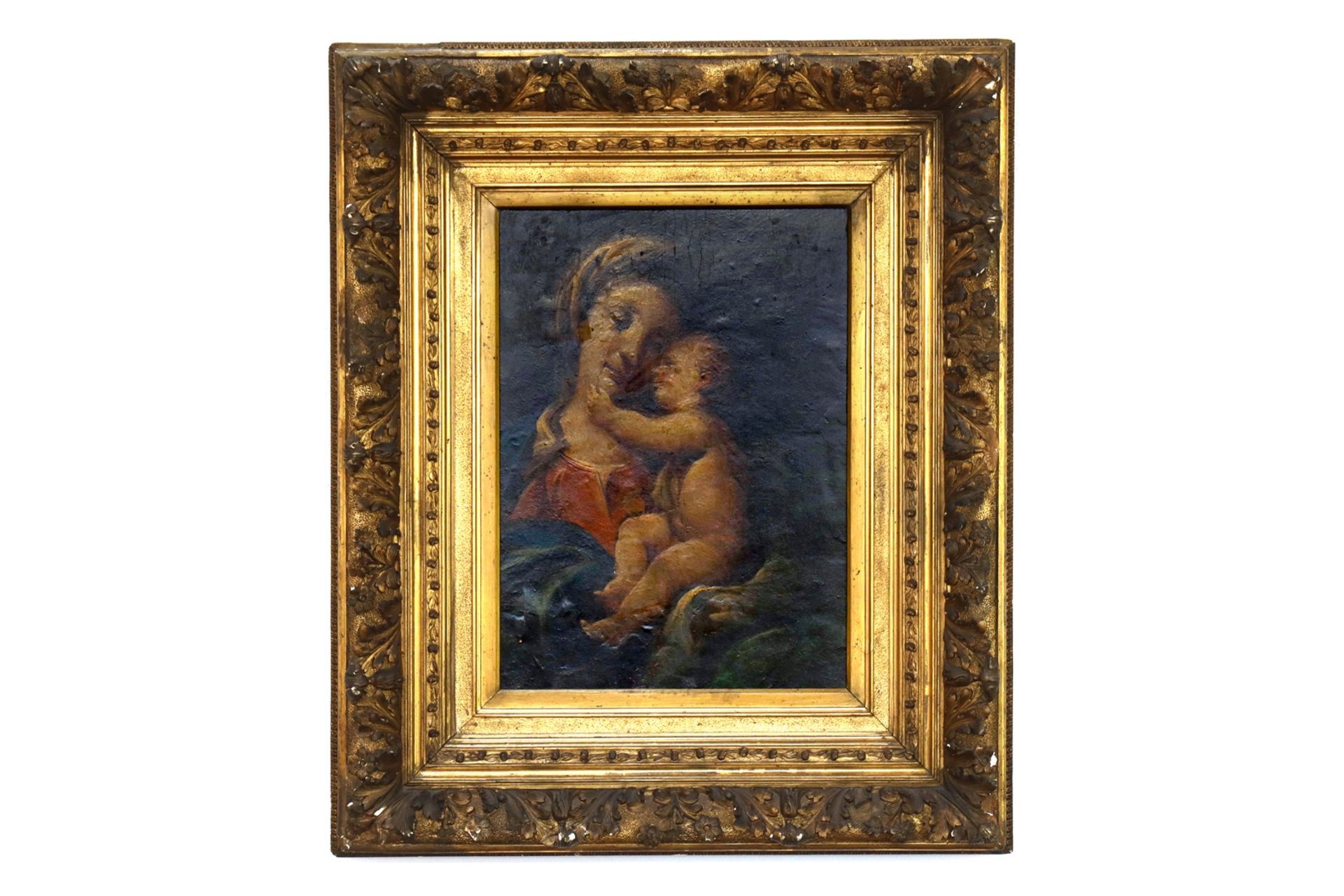 Ölgemälde, Madonna mit Kind, 17. Jh., Öl auf Holz, in goldenem Stuckrahmen, 28 x 38 cm