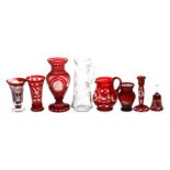 8 Glasteile, Vasen, Krüge, Glocke, Leuchter, rubiniert, teilweise geschliffen, mundgelasen, um 1900,