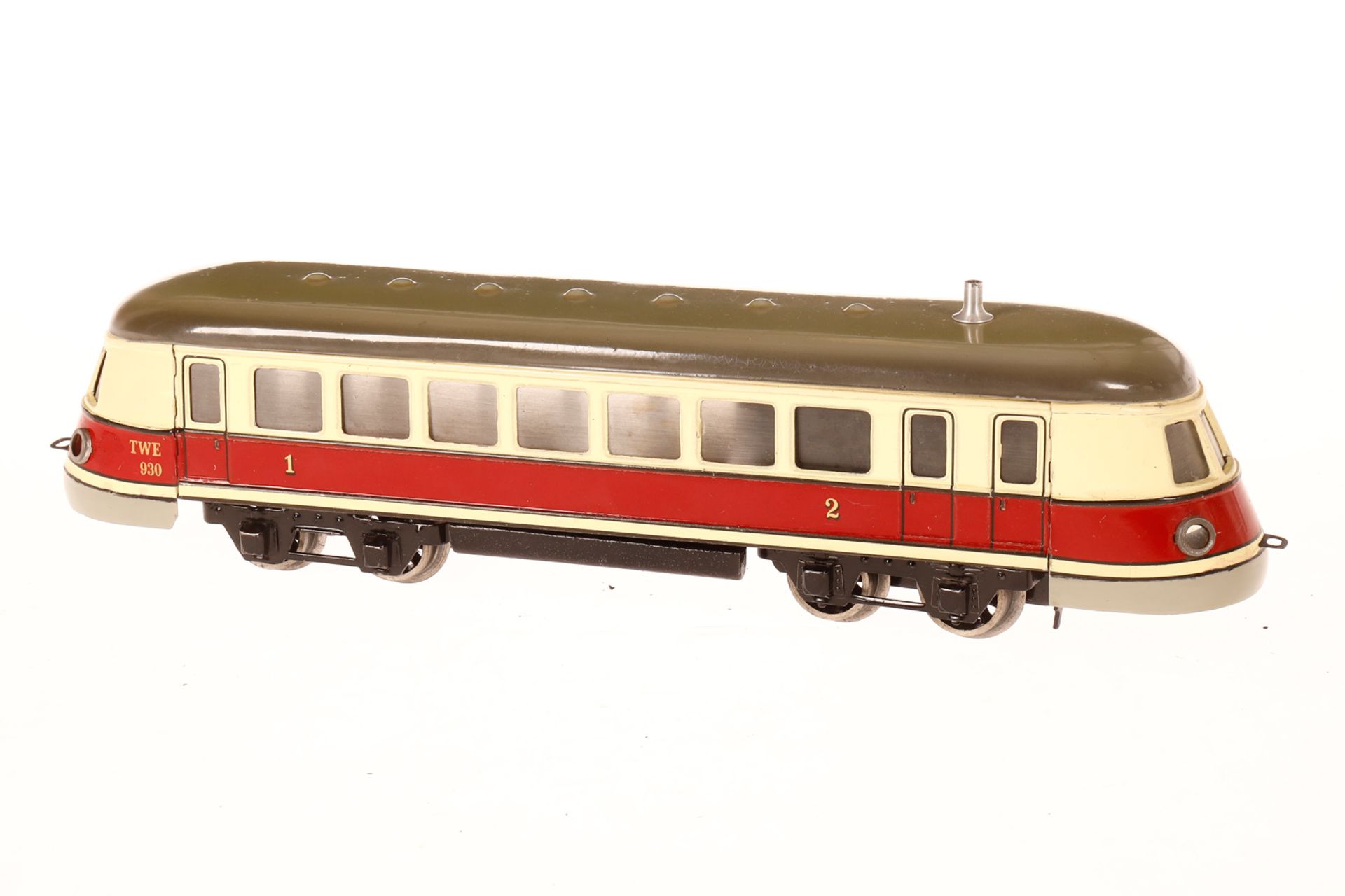 Märklin Triebwagen TWE 930, Spur 0, Uhrwerk intakt, rot/creme handlackiert, min. Gebrauchsspuren, - Image 2 of 3