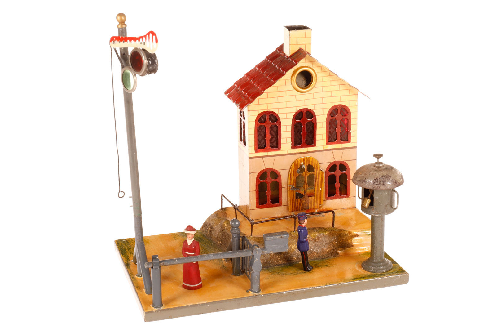 Märklin Wärterhaus mit Bahnübergang 1040, uralt, handlackiert, mit Läutewerk, Schranke und Signal,