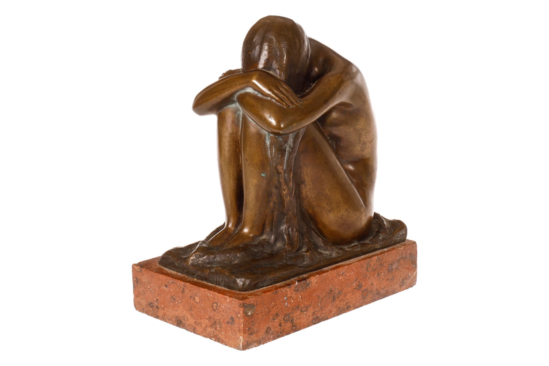 Bronzefigur ”Hockende”, um 1910, signiert O. Sevart, auf Marmorsockel, H 26 cm.