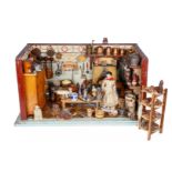 Rauchfangküche um 1860, alte Bemalung, mit früher Pappmaché-Puppe und viel Zubehör, eingerichtet als