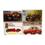 4 Auto-Bausätze, Revell VW Kübelwagen Typ 82 (H-2207), 2 Tamiya Bausätze und Alfa Romeo, Maßstab 1:
