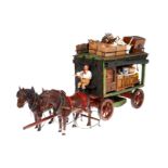 Hochzeitswagen, mit 2 Holz-Pferden und Kutscher, beladen mit Möbeln, Kisten, Hausrat, Vogelkäfig,