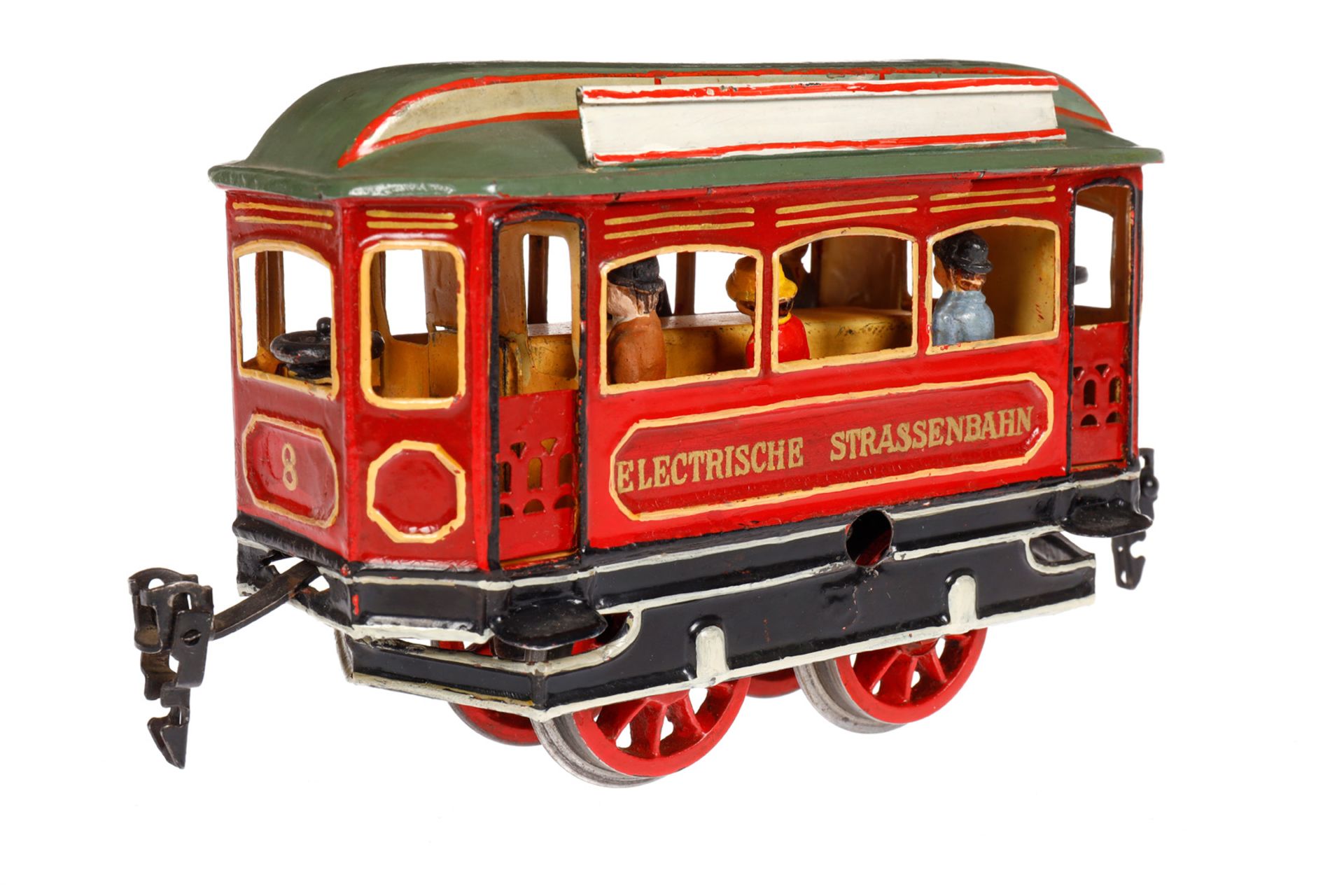 Märklin Straßenbahn-Motorwagen 1070 (W 2030), Spur 0, uralt, Uhrwerk intakt, HL, mit versch. Figuren - Bild 3 aus 6