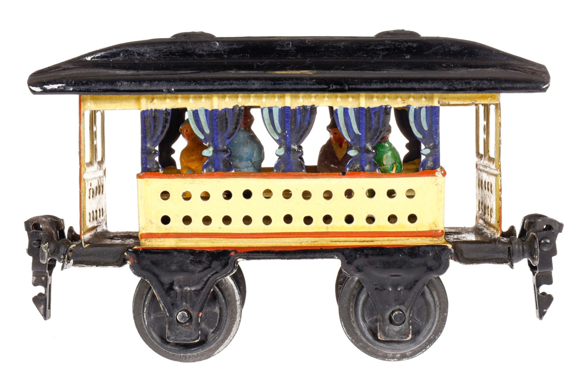 Märklin Sommerwagen 1825, Spur 0, uralt, HL, mit blauen Vorhängen, 2 Sitzbänken und Figuren,