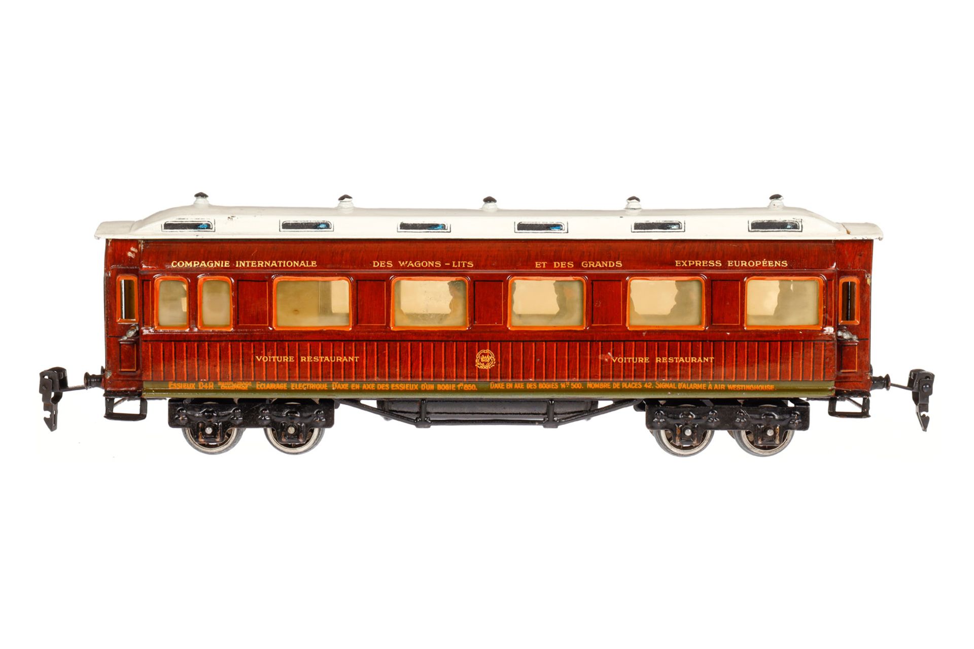 Märklin franz. Speisewagen 1946 G, Spur 0, HL, mit Inneneinrichtung, 4 AT, Figuren und Gussrädern,