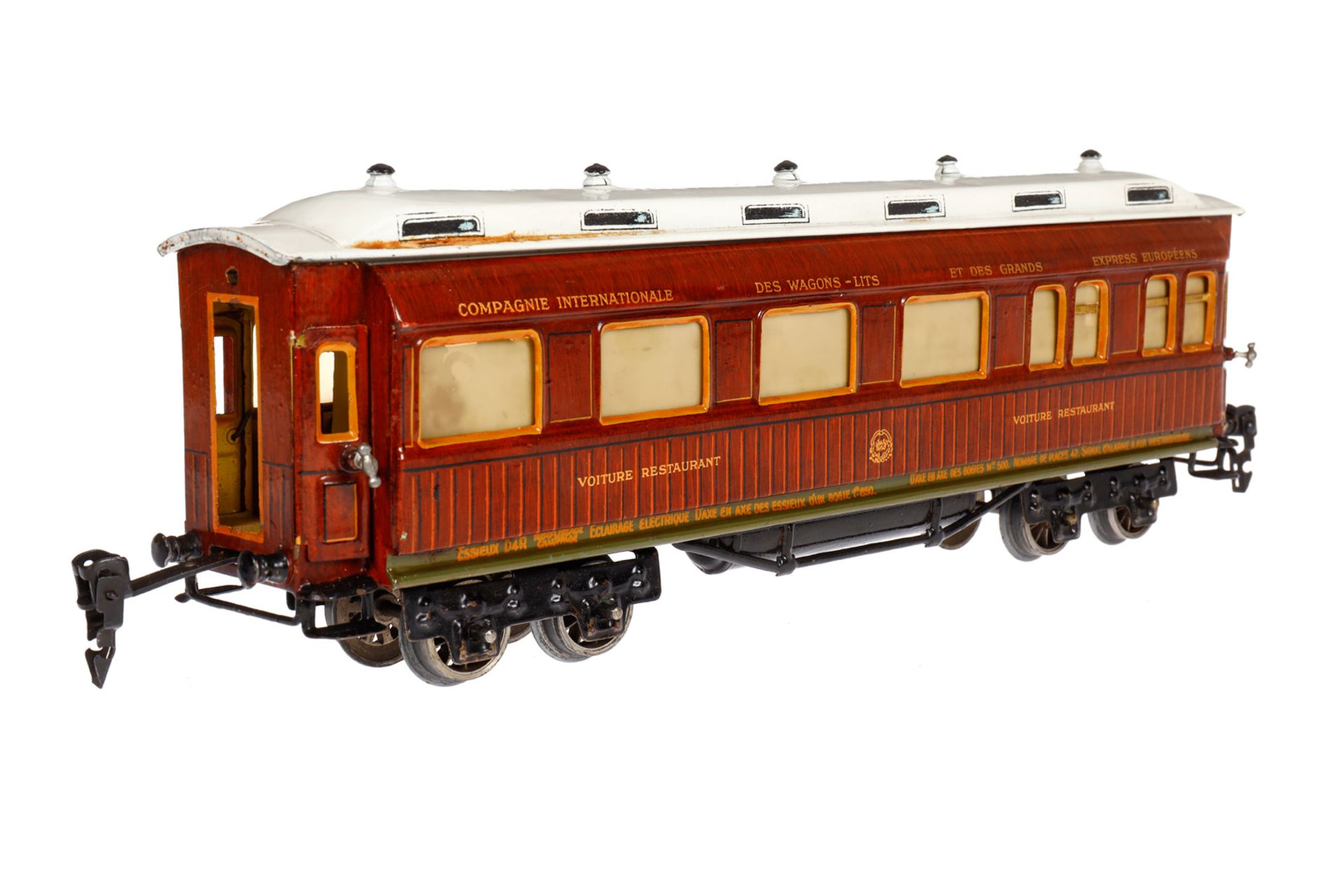 Märklin franz. Speisewagen 1946 G, Spur 0, HL, mit Inneneinrichtung, 4 AT, Figuren und Gussrädern, - Bild 3 aus 5