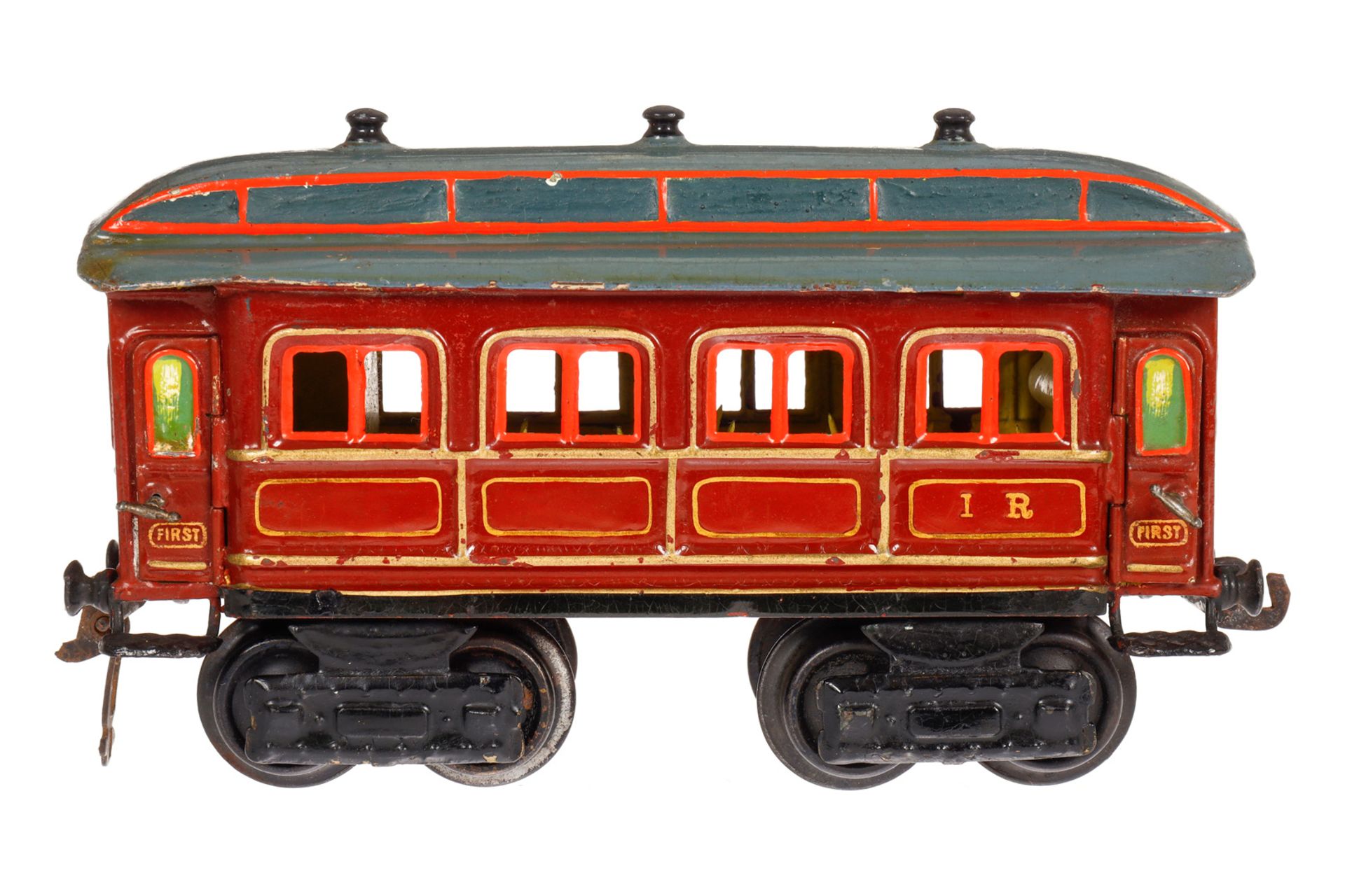 Märklin engl. Personenwagen 1841 MR, Spur 0, uralt, HL, mit Inneneinrichtung und 4 AT, Lüfter, imit.