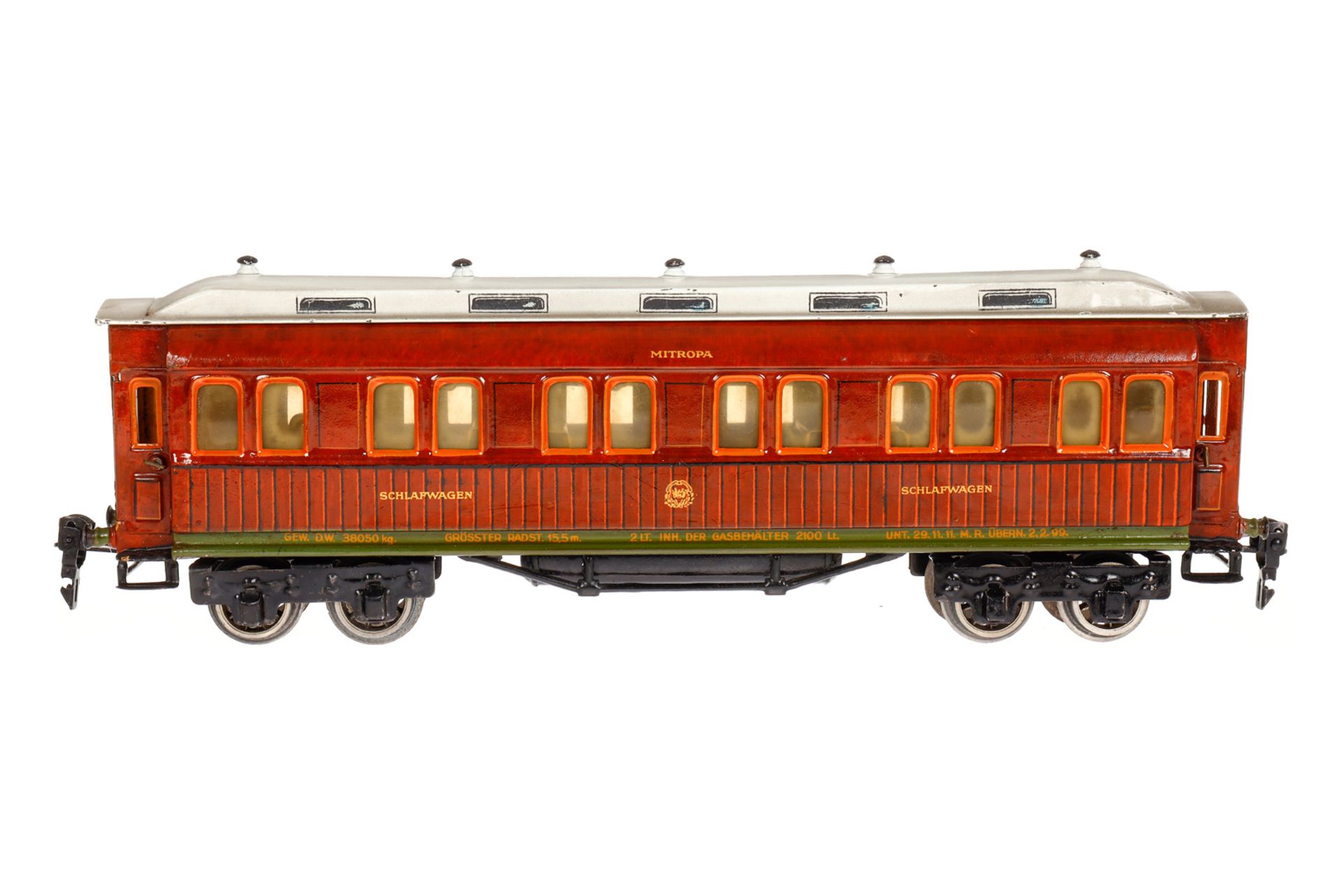 Märklin Mitropa Schlafwagen 1947 G, Spur 0, HL, mit Inneneinrichtung, 4 AT und Gussrädern, LS und