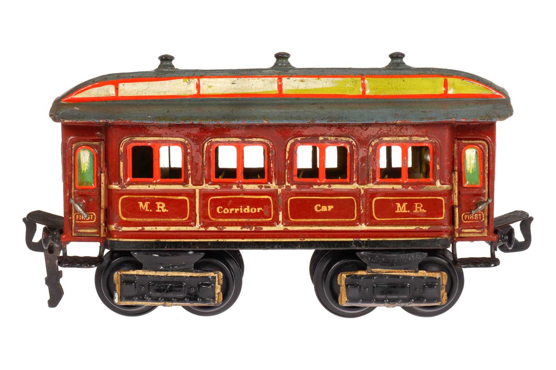 Märklin engl. Personenwagen ”Corridor-Car” 1841 MR, Spur 0, uralt, HL, mit Inneneinrichtung und 4