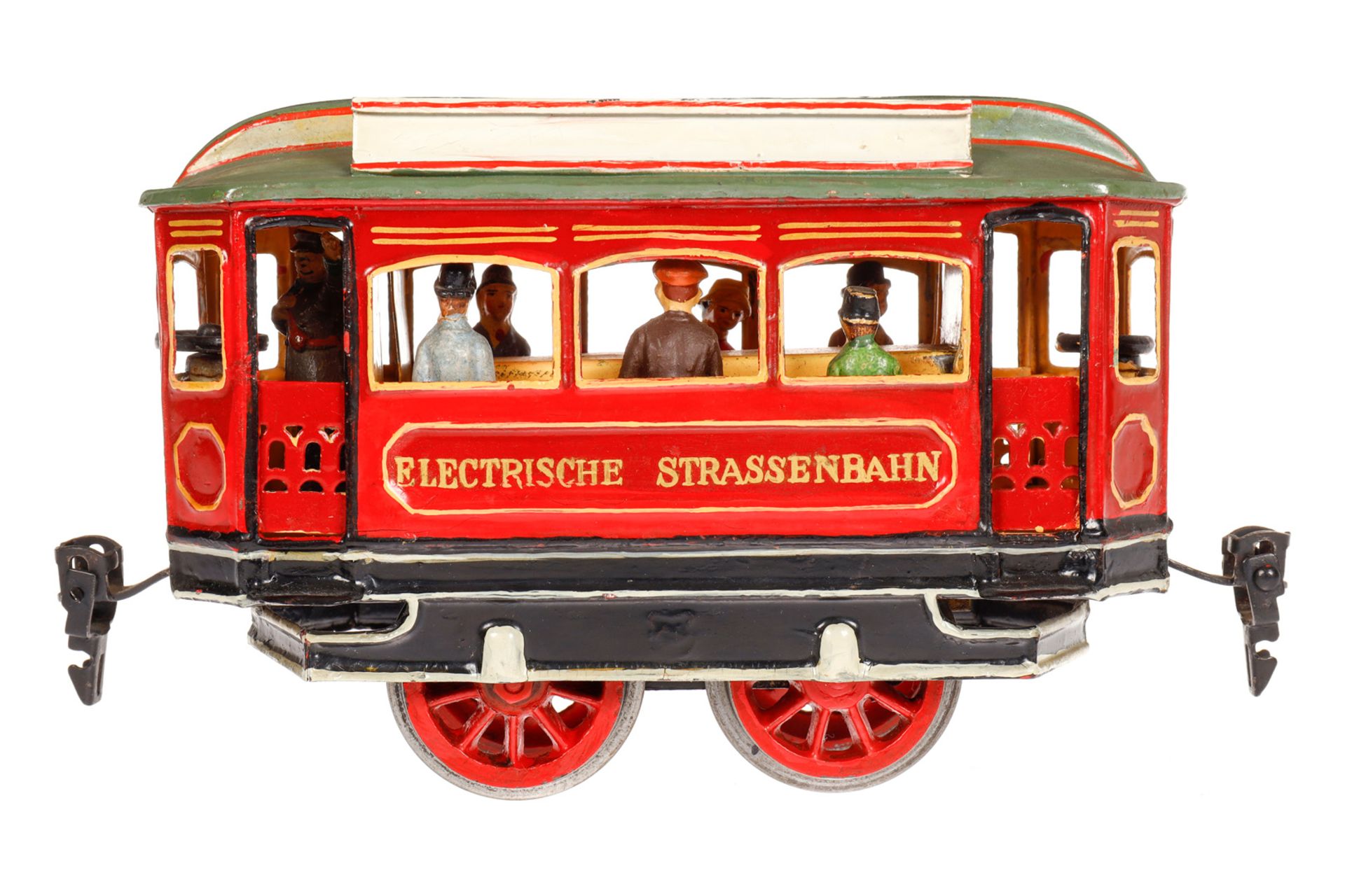 Märklin Straßenbahn-Motorwagen 1070 (W 2030), Spur 0, uralt, Uhrwerk intakt, HL, mit versch. Figuren