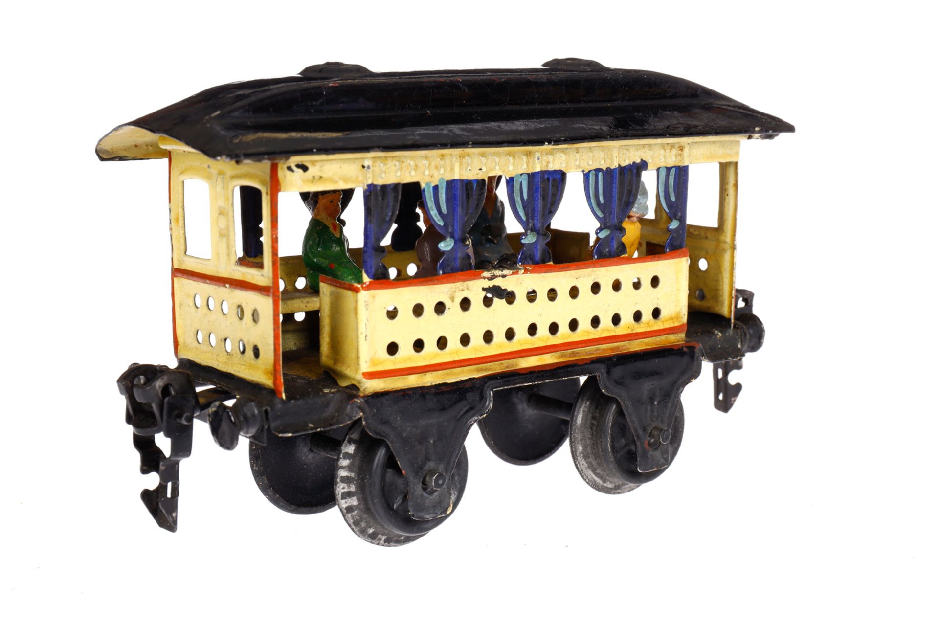 Märklin Sommerwagen 1825, Spur 0, uralt, HL, mit blauen Vorhängen, 2 Sitzbänken und Figuren, - Bild 3 aus 6