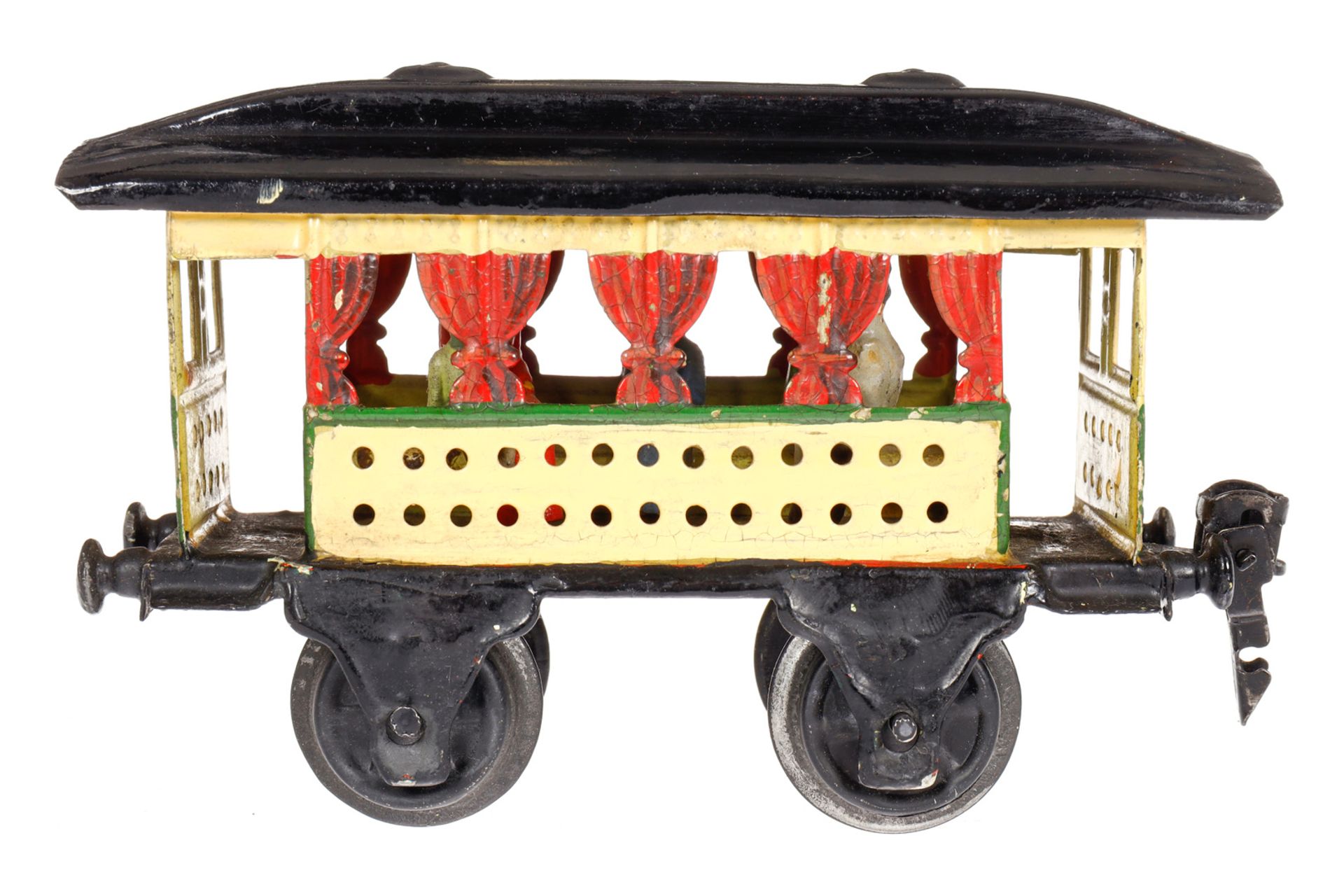 Märklin Sommerwagen 1825, Spur 0, uralt, HL, mit roten Vorhängen, 2 Sitzbänken und Figuren,