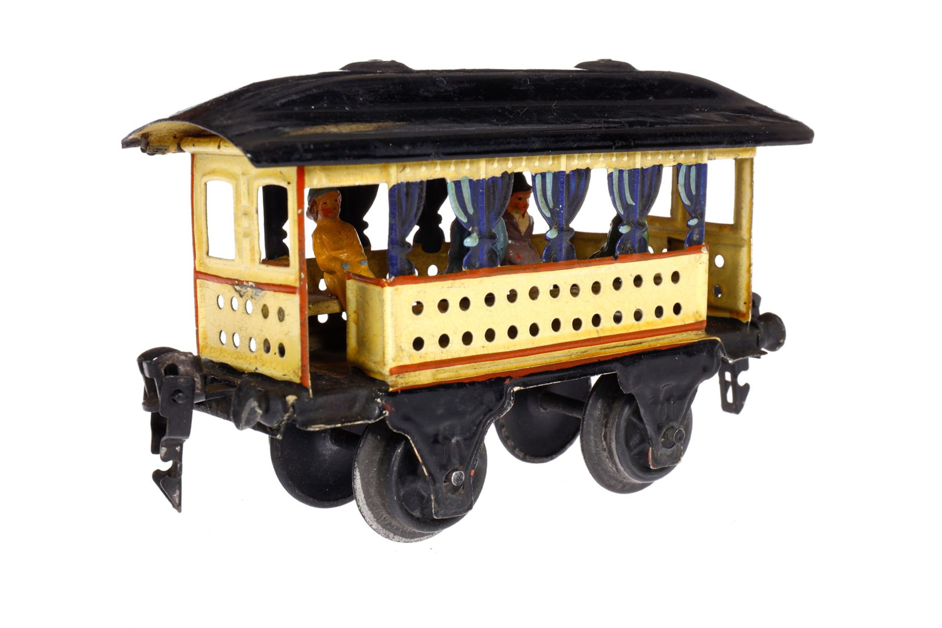 Märklin Sommerwagen 1825, Spur 0, uralt, HL, mit blauen Vorhängen, 2 Sitzbänken und Figuren, - Image 2 of 6