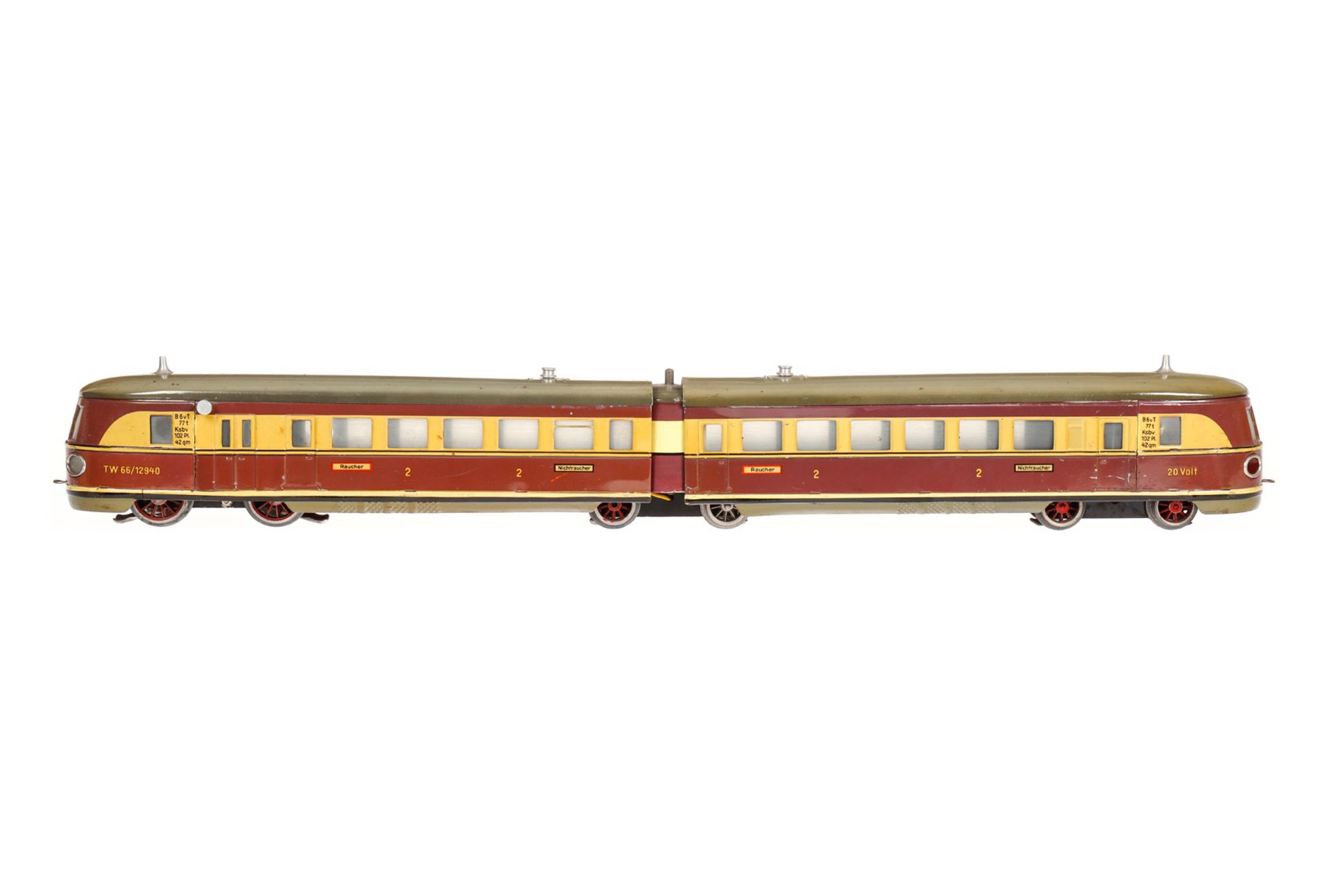 Märklin Triebwagen TW 66/12940, Spur 0, elektr., 2-teilig, creme/violett, Räder von Drehturm tw lose