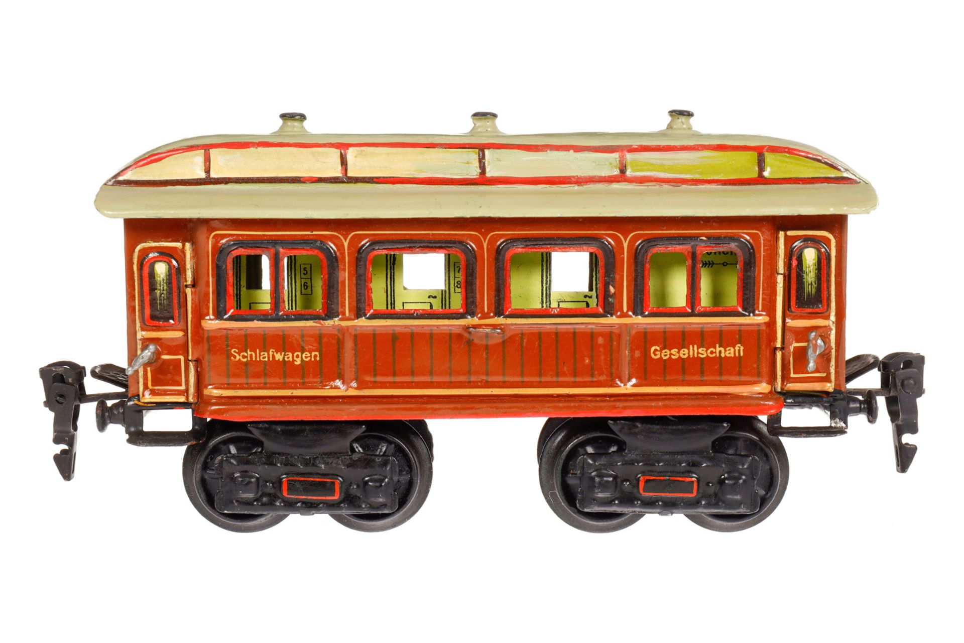 Märklin Schlafwagen 1843, Spur 0, uralt, HL, mit Inneneinrichtung und 4 AT, ohne Schilder, Dach