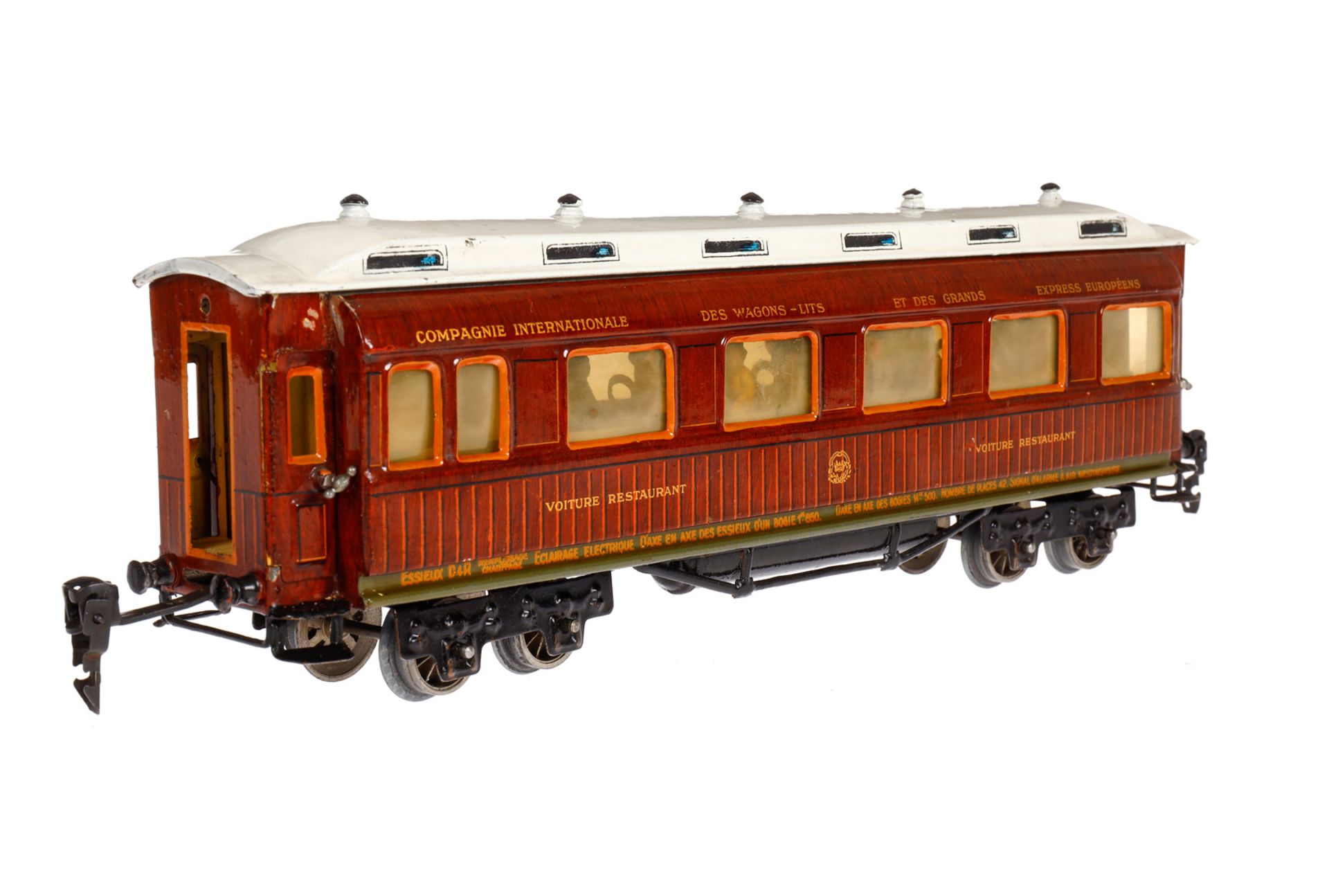 Märklin franz. Speisewagen 1946 G, Spur 0, HL, mit Inneneinrichtung, 4 AT, Figuren und Gussrädern, - Bild 2 aus 5