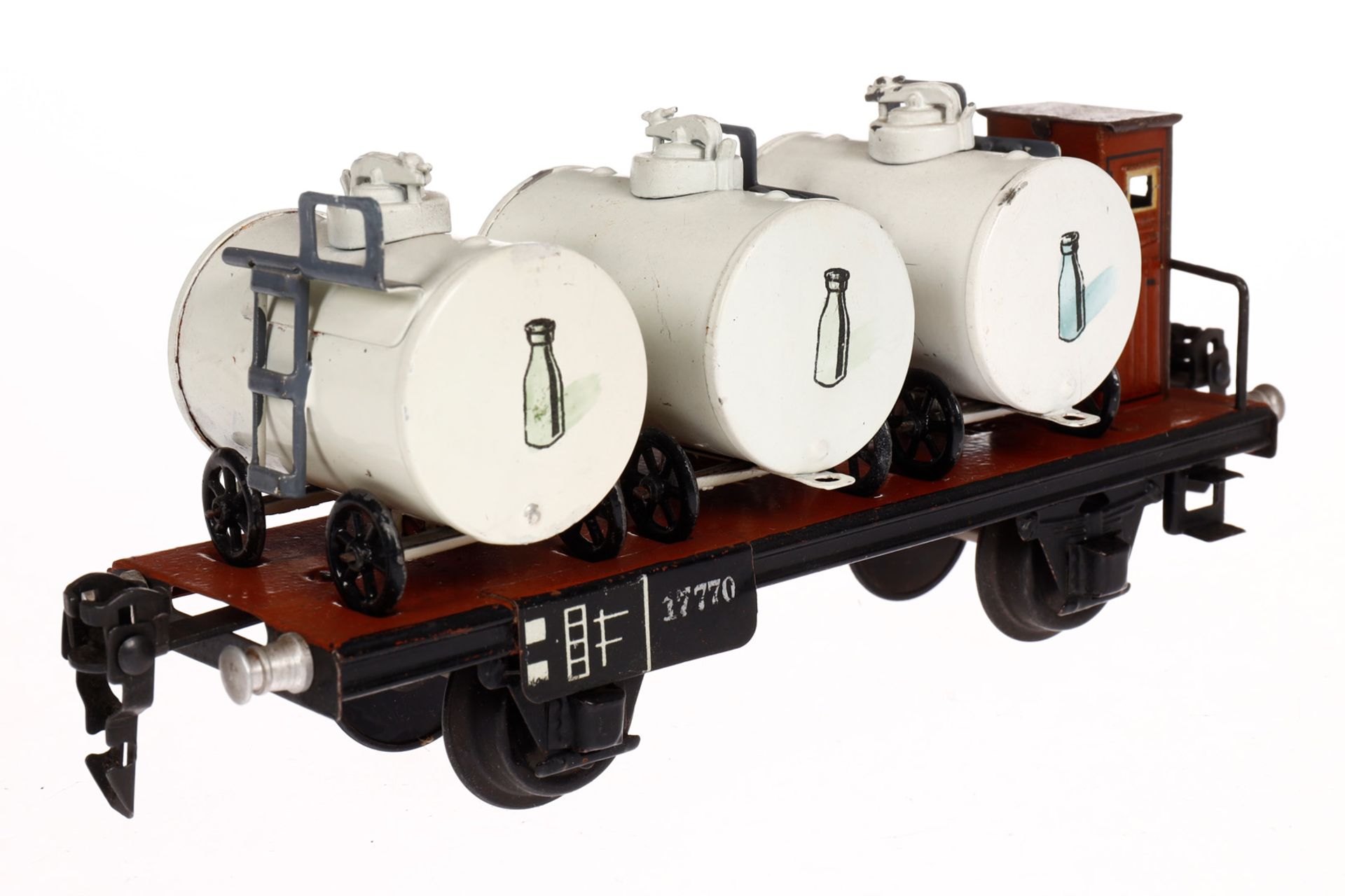 Märklin Milchtransportwagen 1777, Spur 0, HL, mit 3 Milchbehältern, leichte Gebrauchsspuren, L 18,5, - Bild 2 aus 4