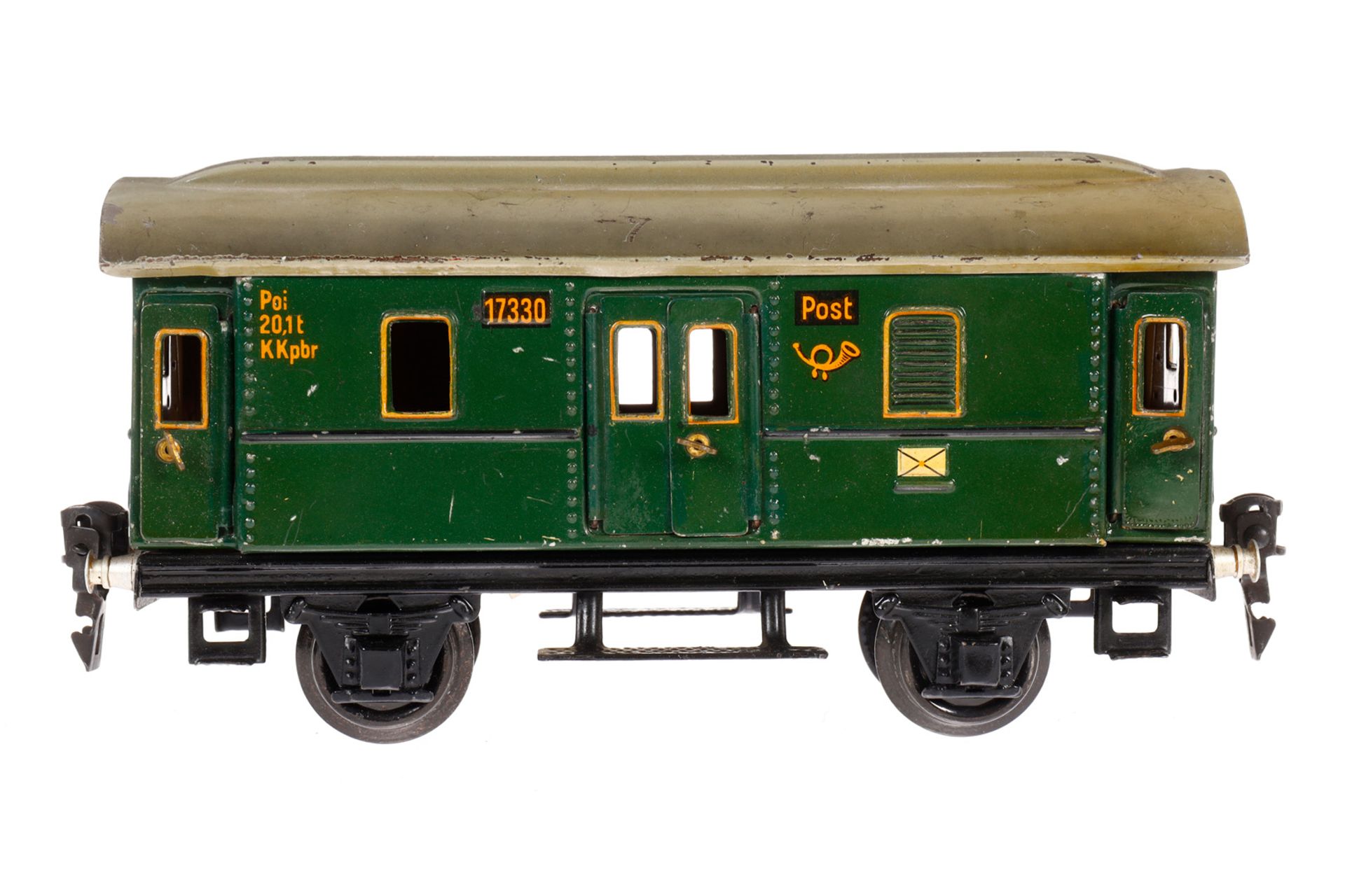 Märklin Postwagen 1733, Spur 0, CL, mit 4 AT und 2 DT, 1 Stirnseite mit 2 kl. Fremdbohrungen, LS und