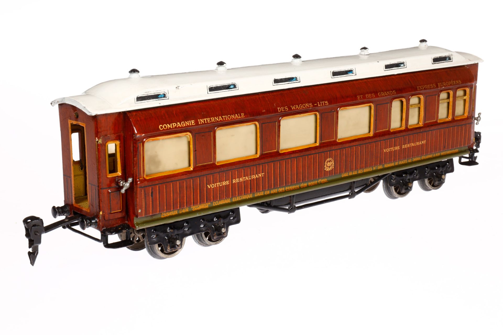 Märklin franz. Speisewagen 1946 G, Spur 0, HL, mit Inneneinrichtung, 4 AT, Figuren und Gussrädern, - Bild 2 aus 5