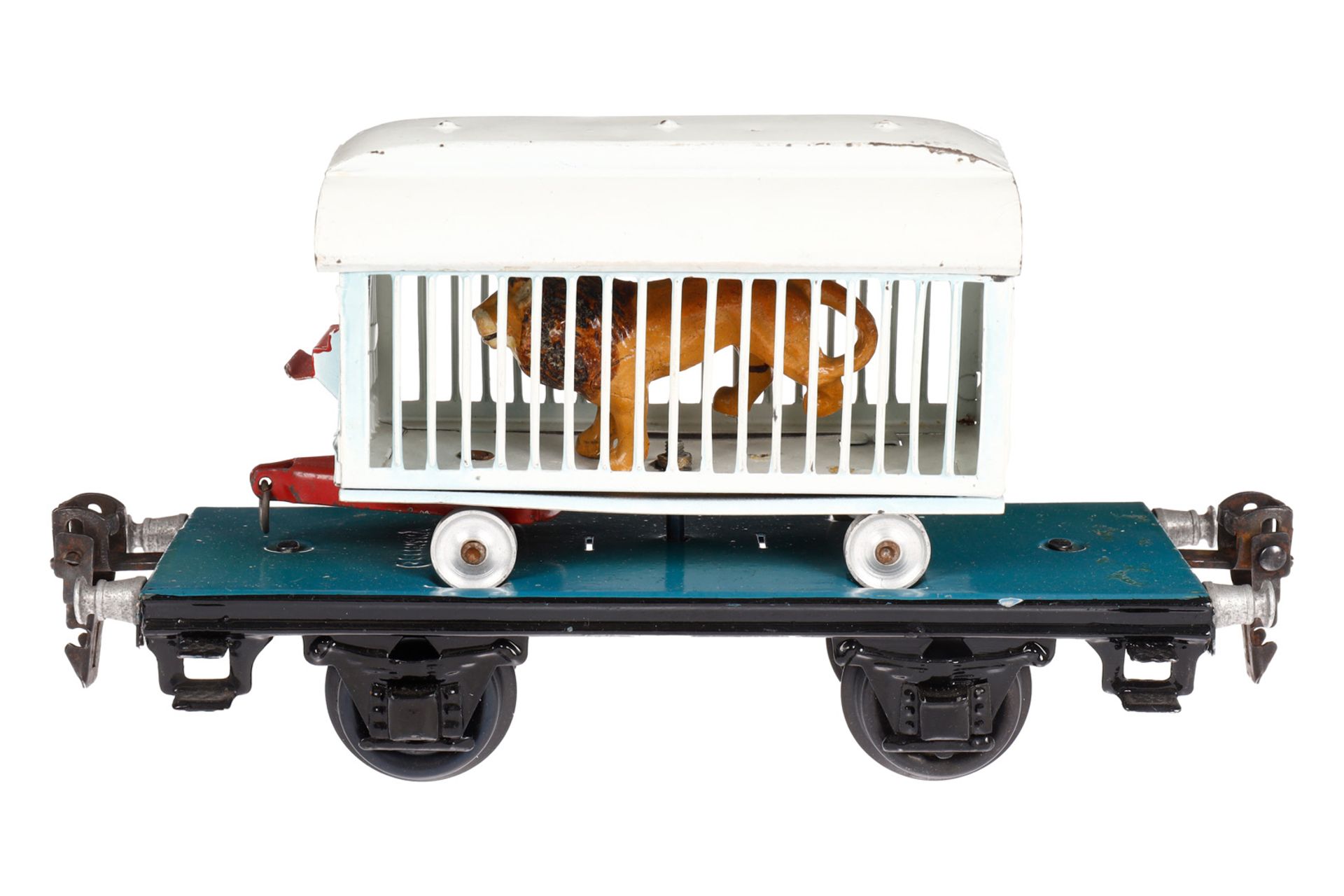 Märklin Plattformwagen mit Tierwagen 1983, Spur 0, unbeschriftet, L 16,5, leichte Gebrauchsspuren, Z