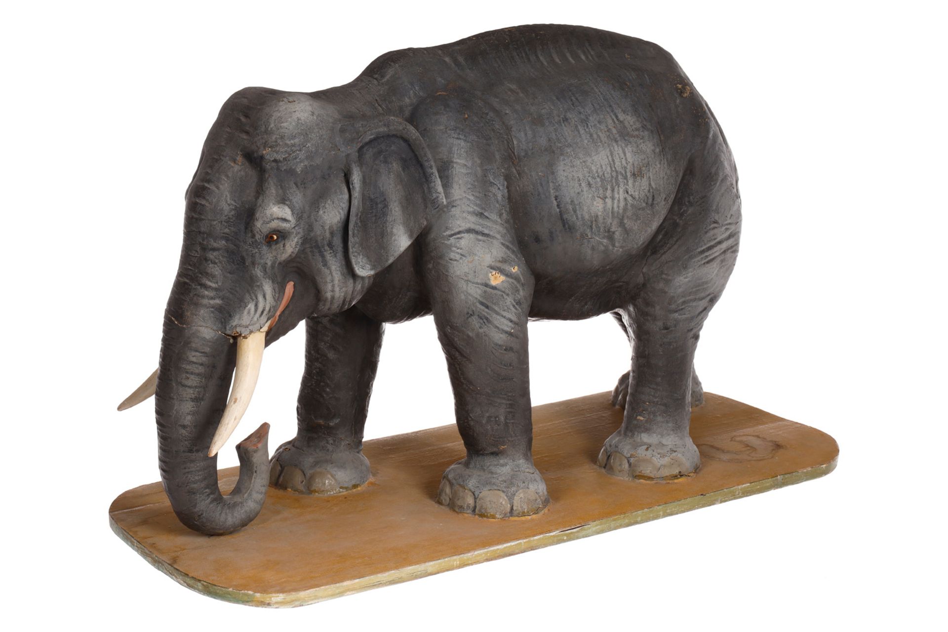 Frühes großes italienisches Lehrmodell, Elefant, uralt, um 1890/1900, Pappmaché, bemalt, Holzsockel,