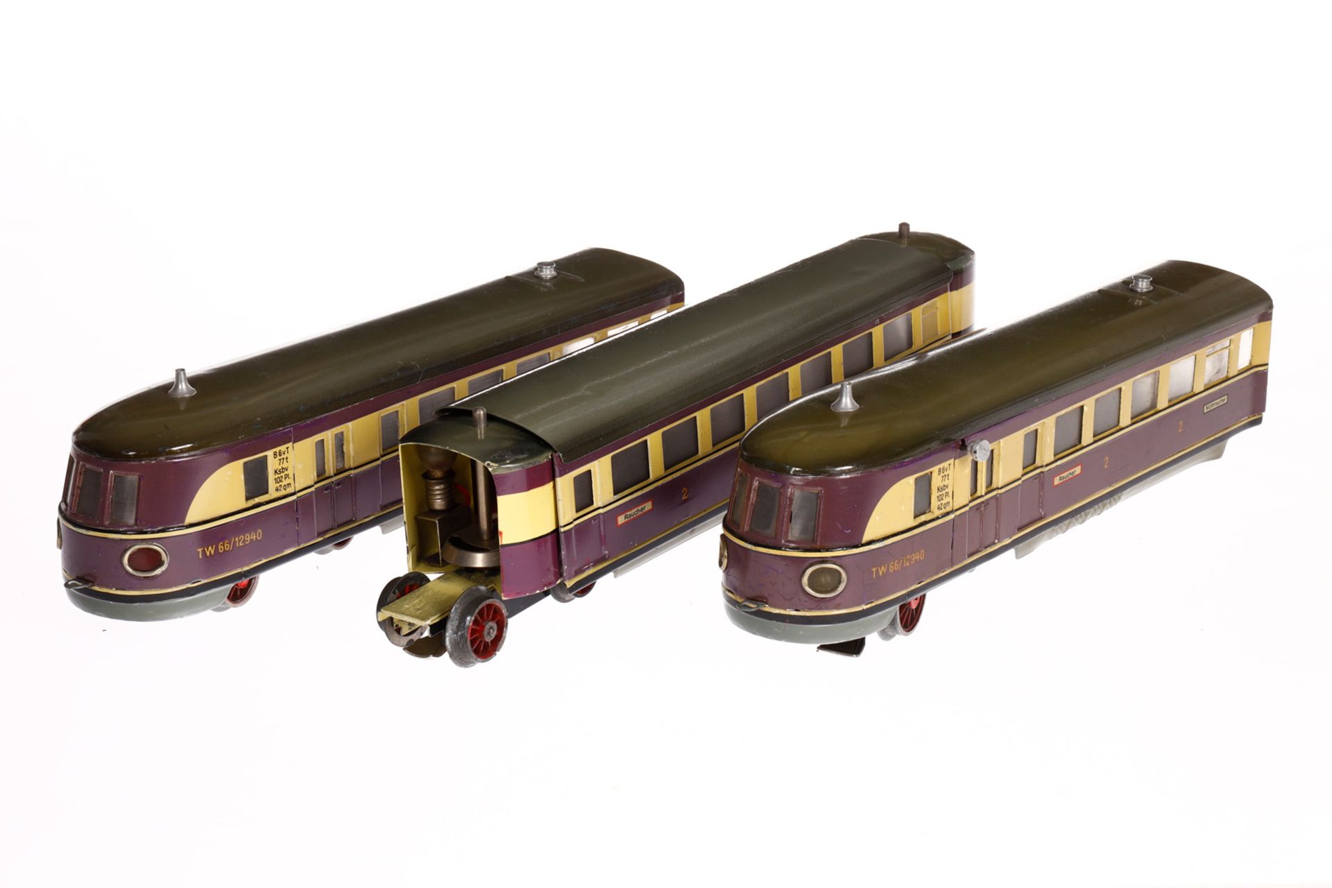 Märklin 3-teiliger Triebwagen TW 66/12940, Spur 0, elektr., creme/violett HL, Dach von Mittelwagen - Bild 2 aus 4