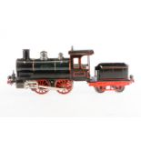 Märklin B-Dampflok, Spur 1, uralt, Uhrwerk intakt, grün/schwarz, mit Tender und 2 imit.