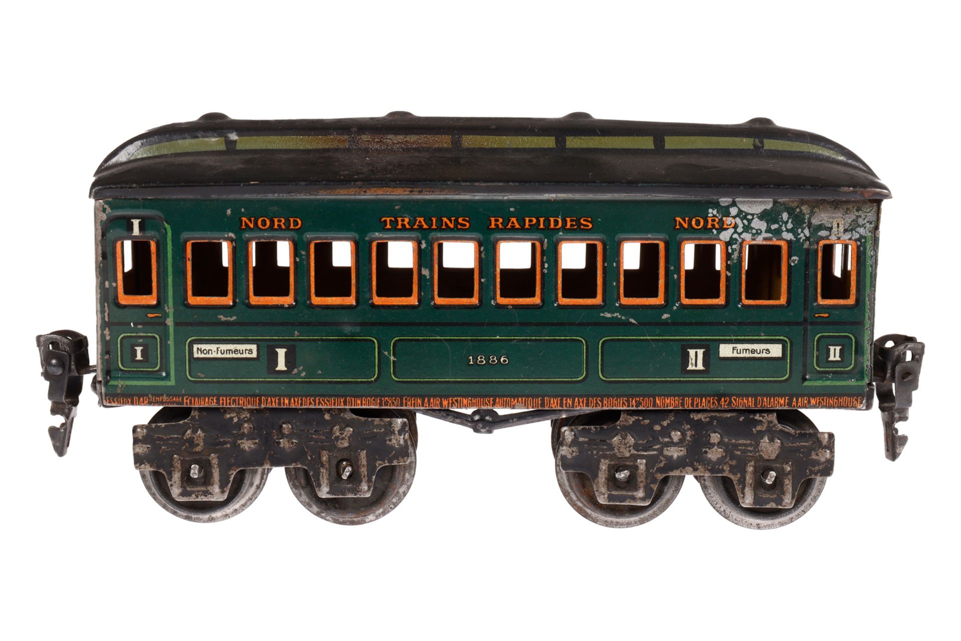 Märklin französischer Personenwagen 1886 ”Nord Trains Rapides Nord”, Spur 0, grün CL, 4A, ohne