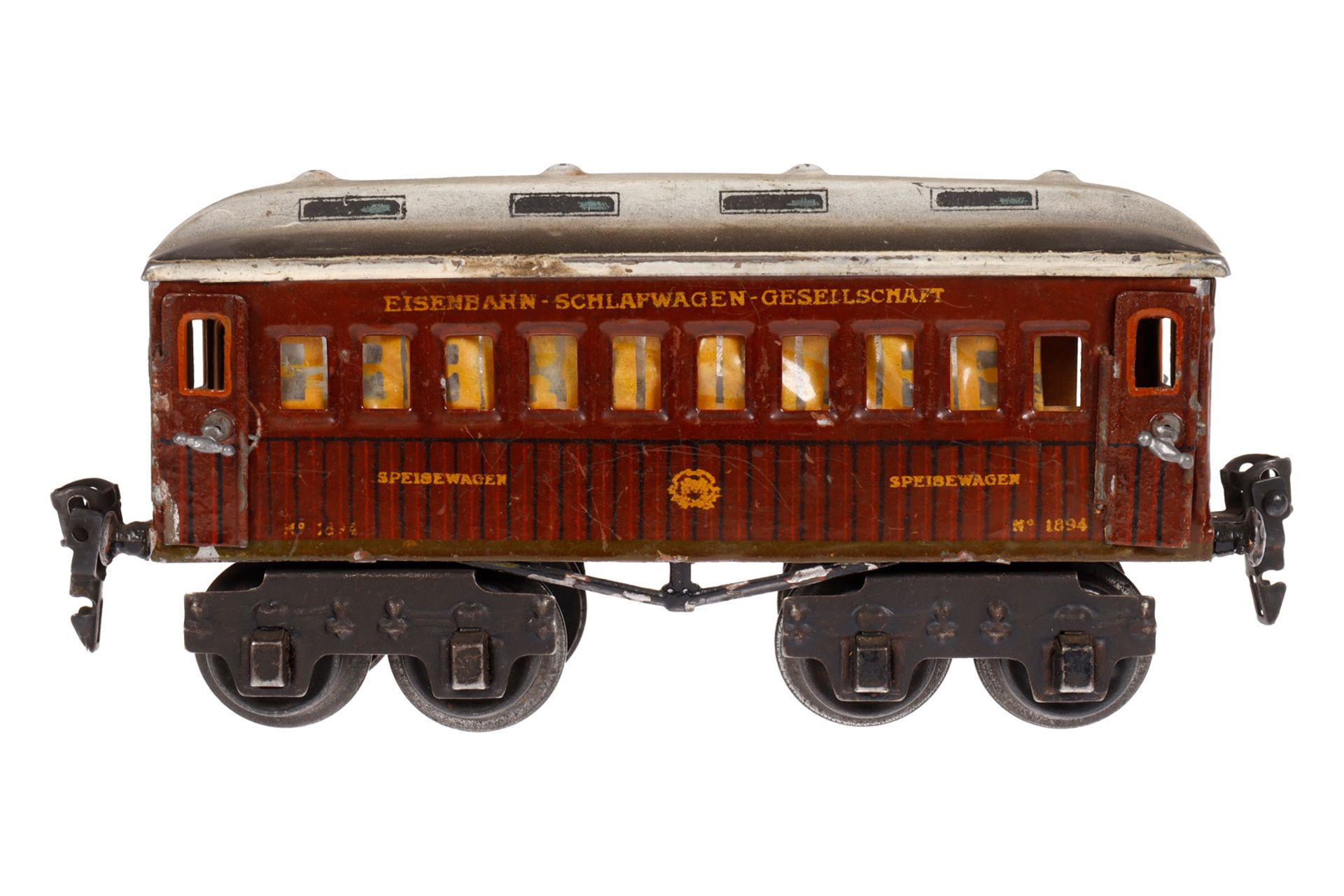 Märklin Speisewagen 1894, Spur 0, Teak HL, mit Inneneinrichtung, 3 Sitzfiguren, 4 AT, 4A, Alterungs-