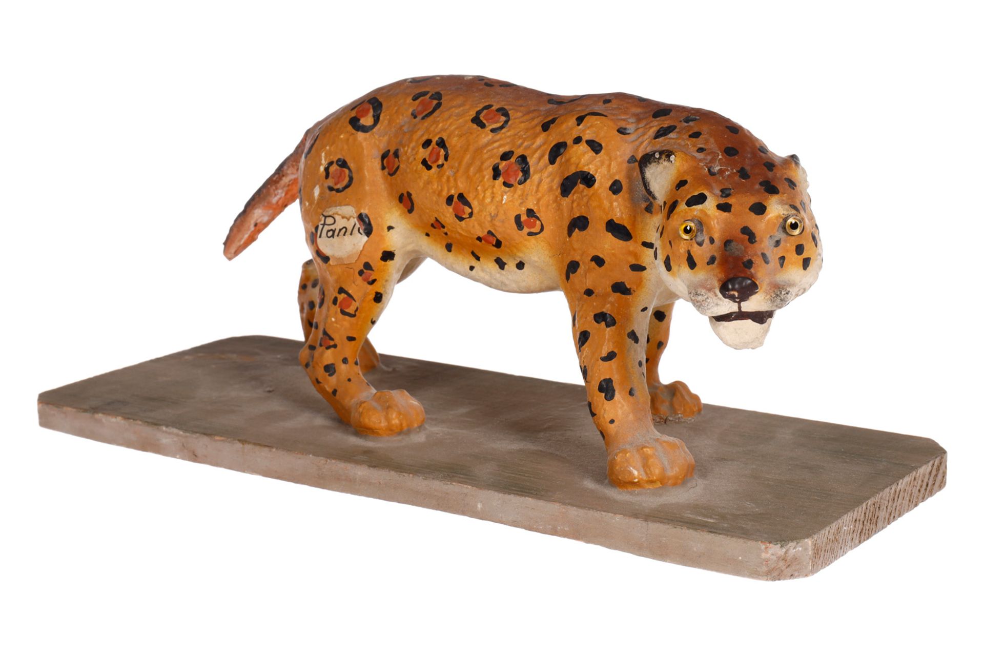 Frühes italienisches Lehrmodell, Panther, uralt, um 1890/1900, Pappmaché, bemalt, Holzsockel,