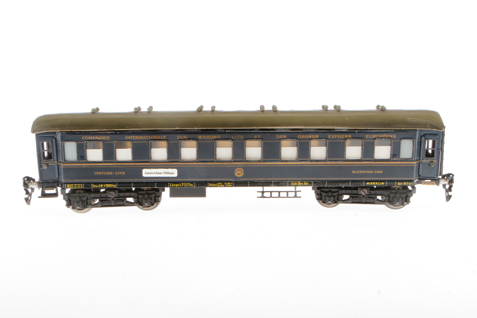 Märklin int. Schlafwagen 1943 J, Spur 0, CL, mit 4 AT, Replik-Schildern und Gussrädern, 1 Treppe