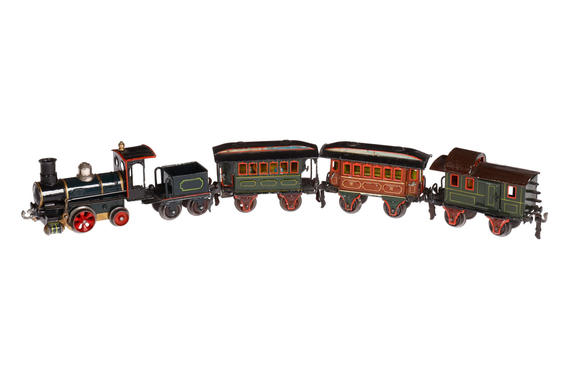 5-teiliger Märklin Spur 0-Zug, uralt, HL, mit A-1 Dampflok, nur vorwärts, mit Bremse, dazu Tender