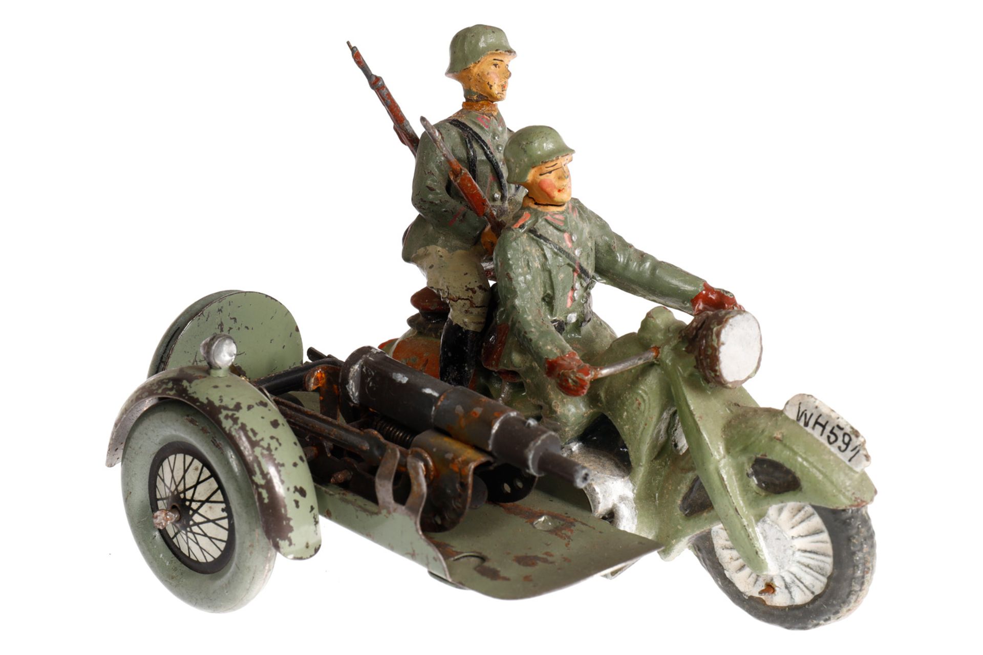 Militärmotorrad, Masse, mit Fahrer, Sozius, Beiwagen und MG, Alterungs. und Gebrauchsspuren, L 11, Z