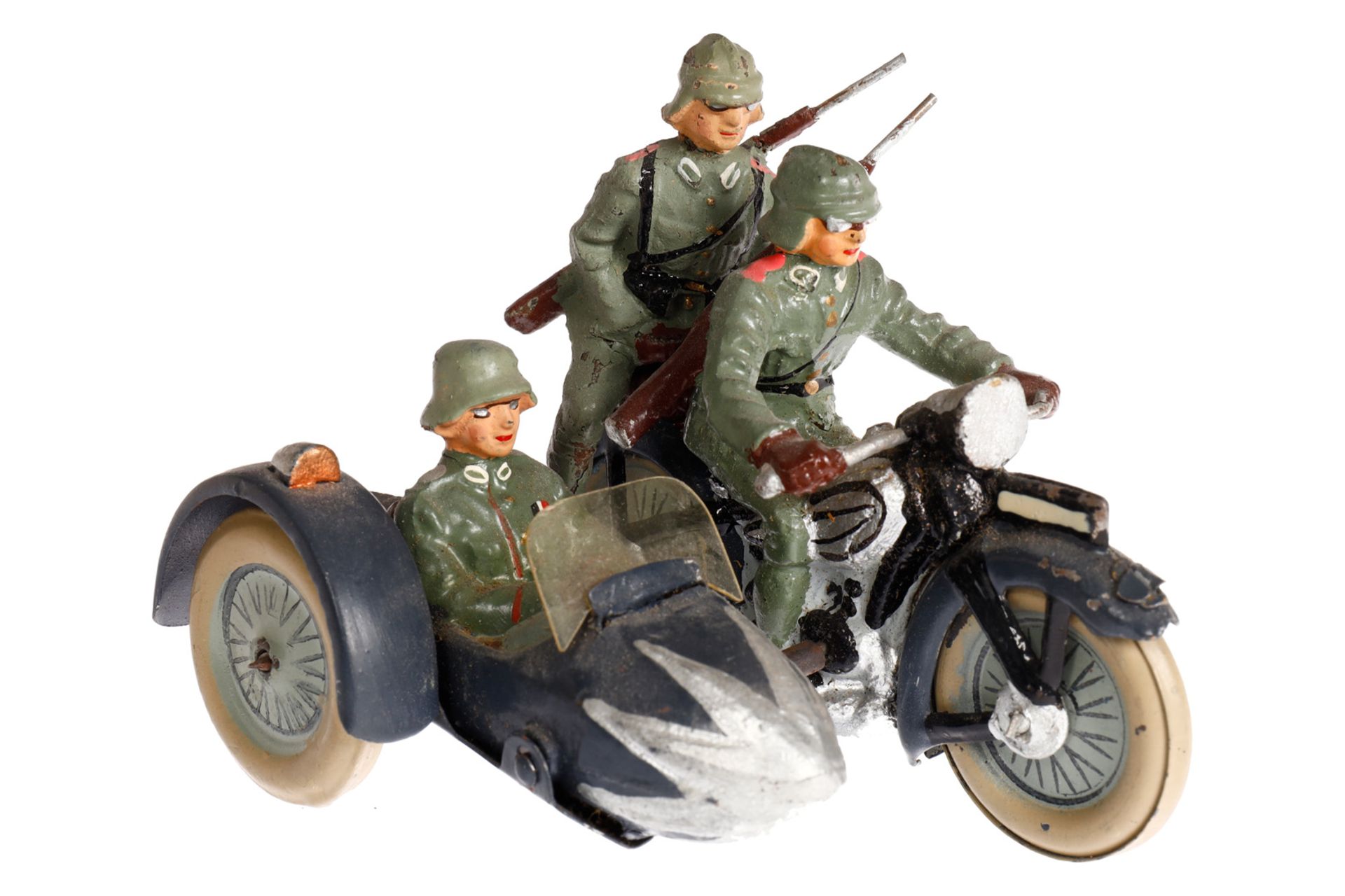 Militärmotorrad, mit Fahrer, Sozius und Masse-Beiwagen und Soldat, Blechräder, L 10, Z 2