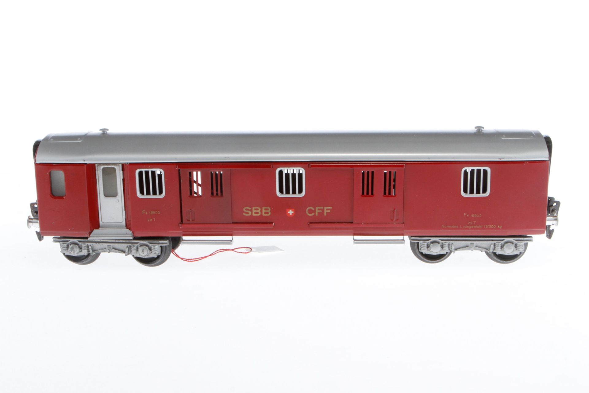 Hag Gepäckwagen, Spur 0, rot, mit 4 ST, LS und Alterungsspuren, L 32,5, im Unter-OK, Z 2