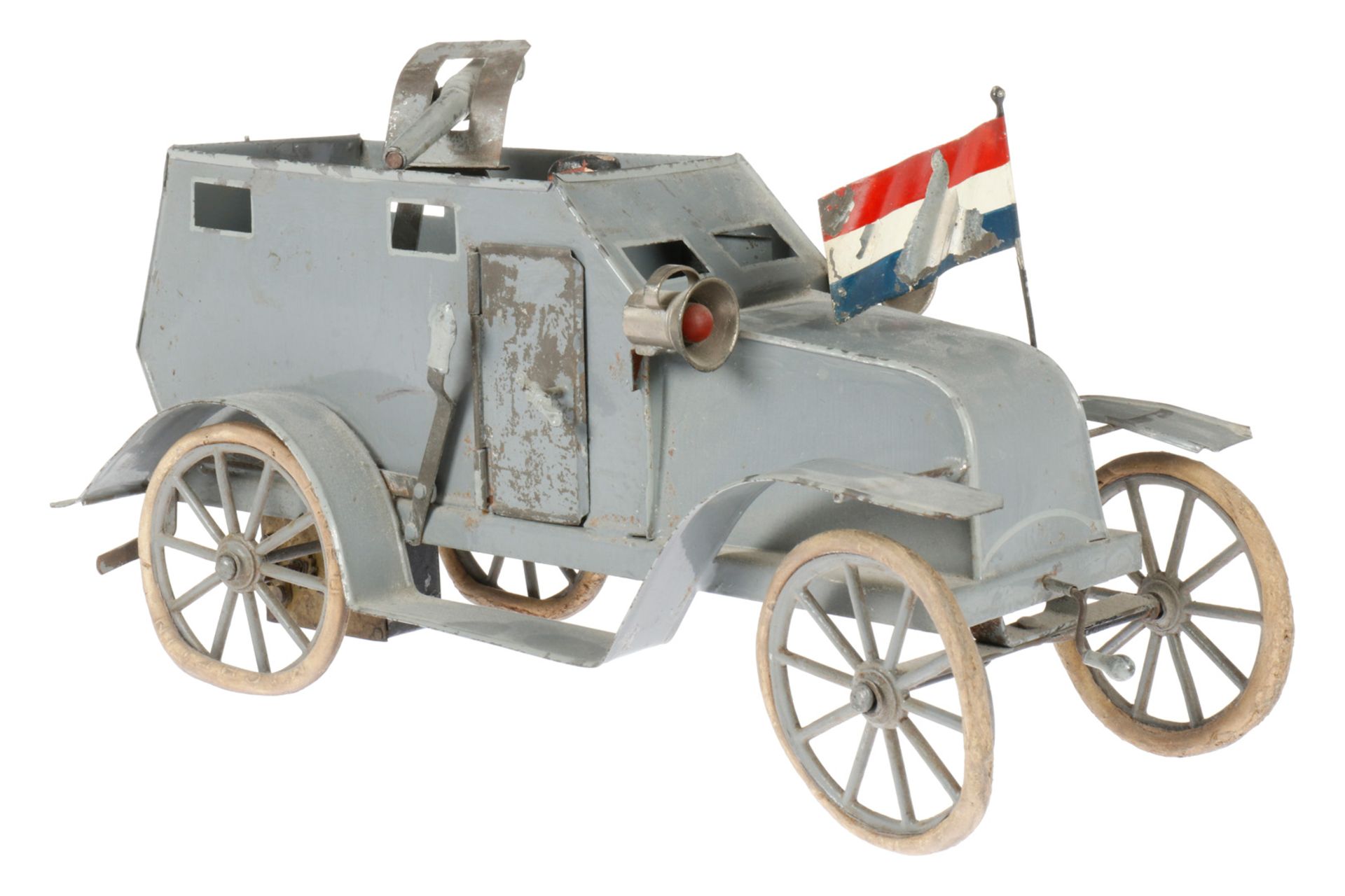 Pinard Militärwagen mit MG und Fahrerfigur, uralt, HL, gummibereift, intakt, mit Bremse,